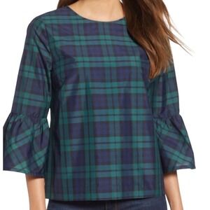 IZOD Womens Black Watch Plaid V-Neck Bell Sleeve Effortless Blouse Green Navy S